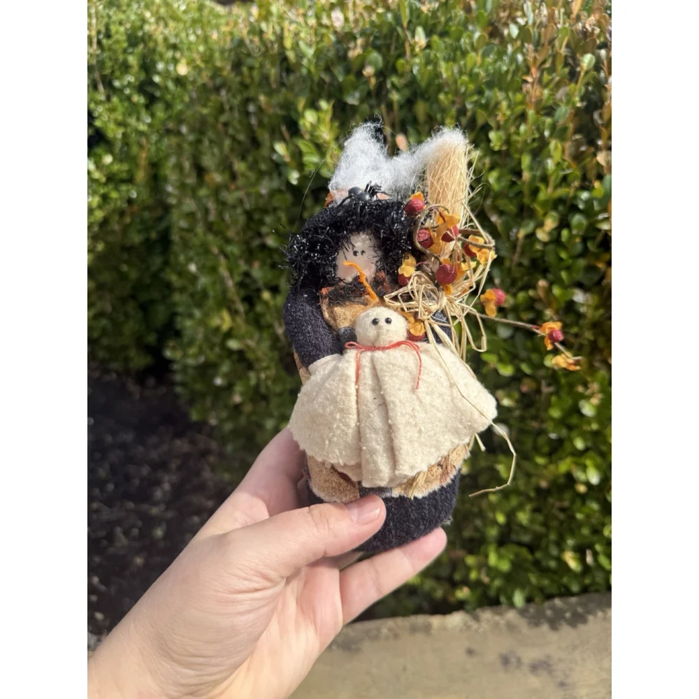 Primitive Style Witch Doll With Ghost Made In USA Handmade Halloween